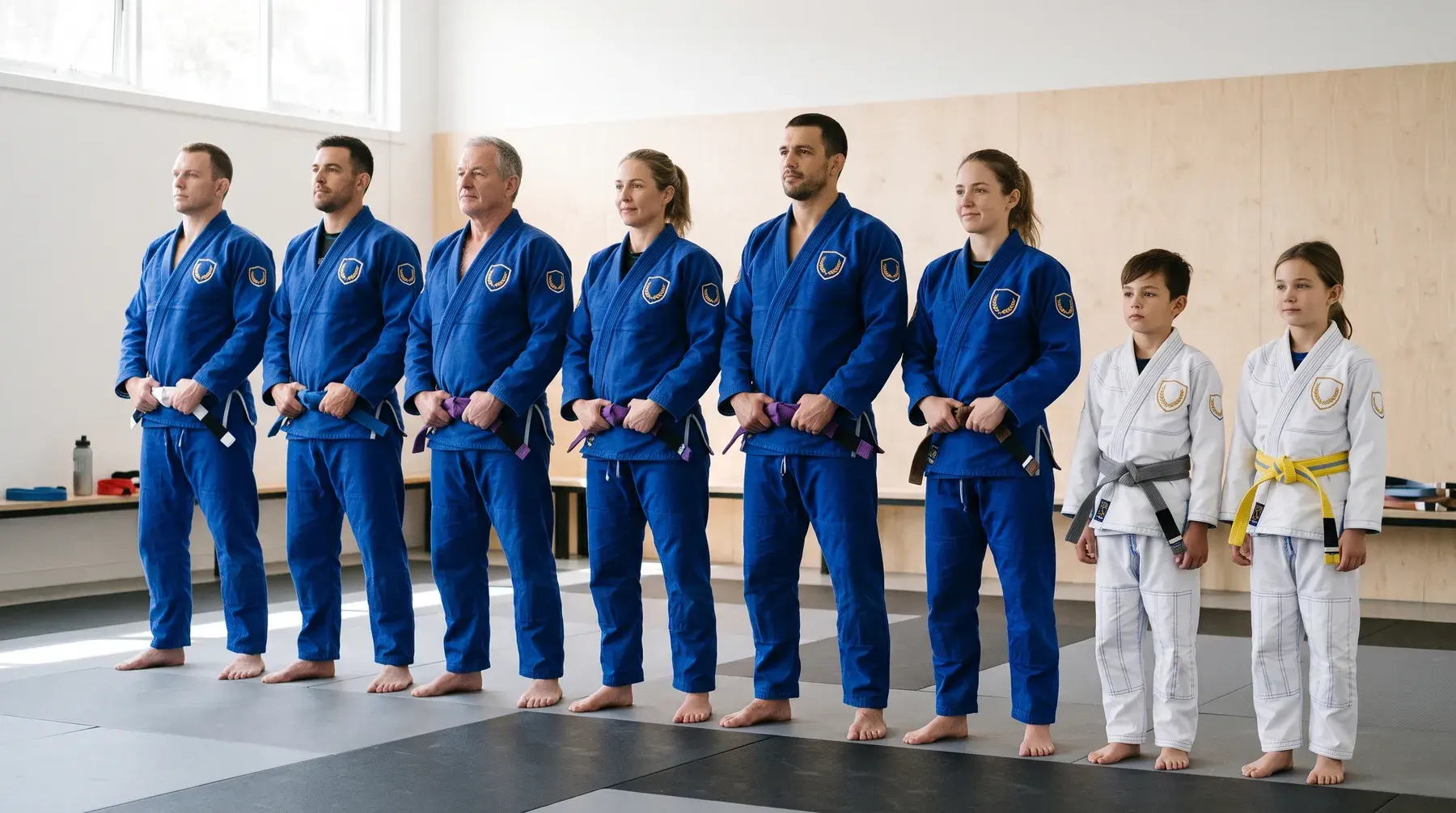 Six adults in matching royal blue BJJ gis and two children in white gis with blue stitching, lined up on the mats of an academy, each with the same gold shield crest embroidered on the chest and shoulder.