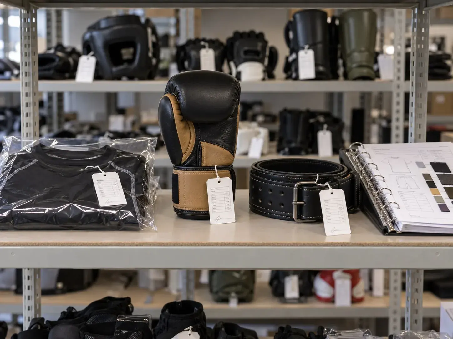 Approved samples on a sample-room shelf, each with a signed tag: a bagged rashguard, a black and tan boxing glove and a leather lifting belt, beside a binder of specification sheets and swatches.