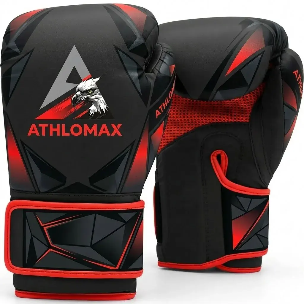 A pair of black Athlomax boxing gloves with an angular red and grey print, an eagle head and the Athlomax logo on the back of the hand, a red mesh palm and red-trimmed straps.