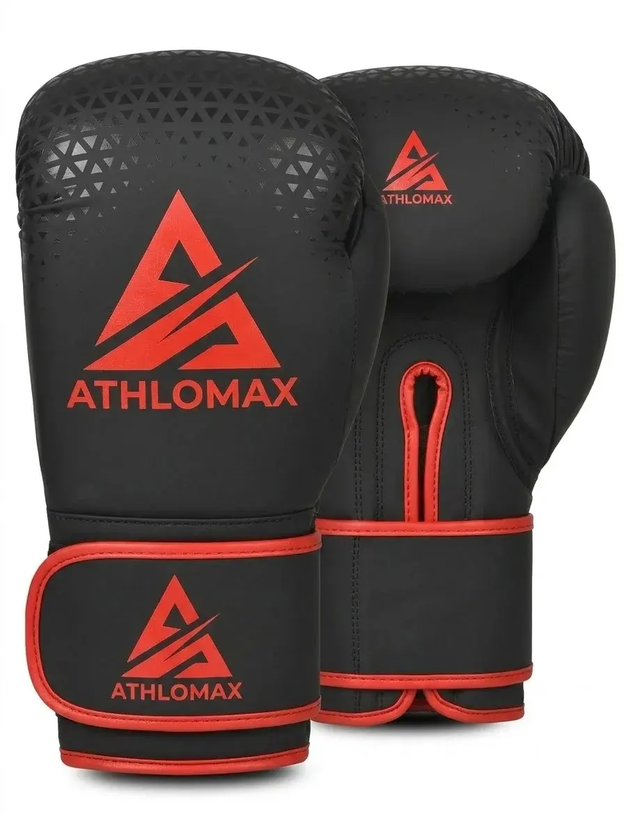 A pair of matt black Athlomax boxing gloves with a tonal triangle pattern, the red Athlomax logo on the back of the hand, thumb and strap, and red trim.