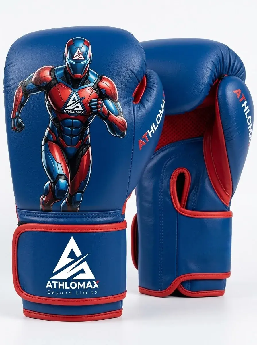 A pair of royal blue Athlomax boxing gloves with red trim, a red and blue armoured hero printed on the back of the hand, the wordmark along the thumb and the logo and tagline on the strap.