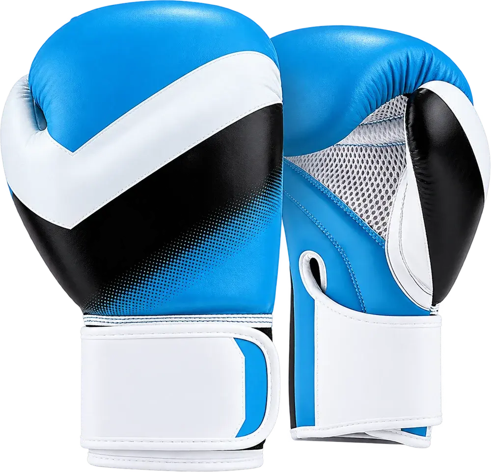 A pair of blue boxing gloves with a white and black chevron across the back, a breathable mesh palm and a white hook-and-loop wrist strap.