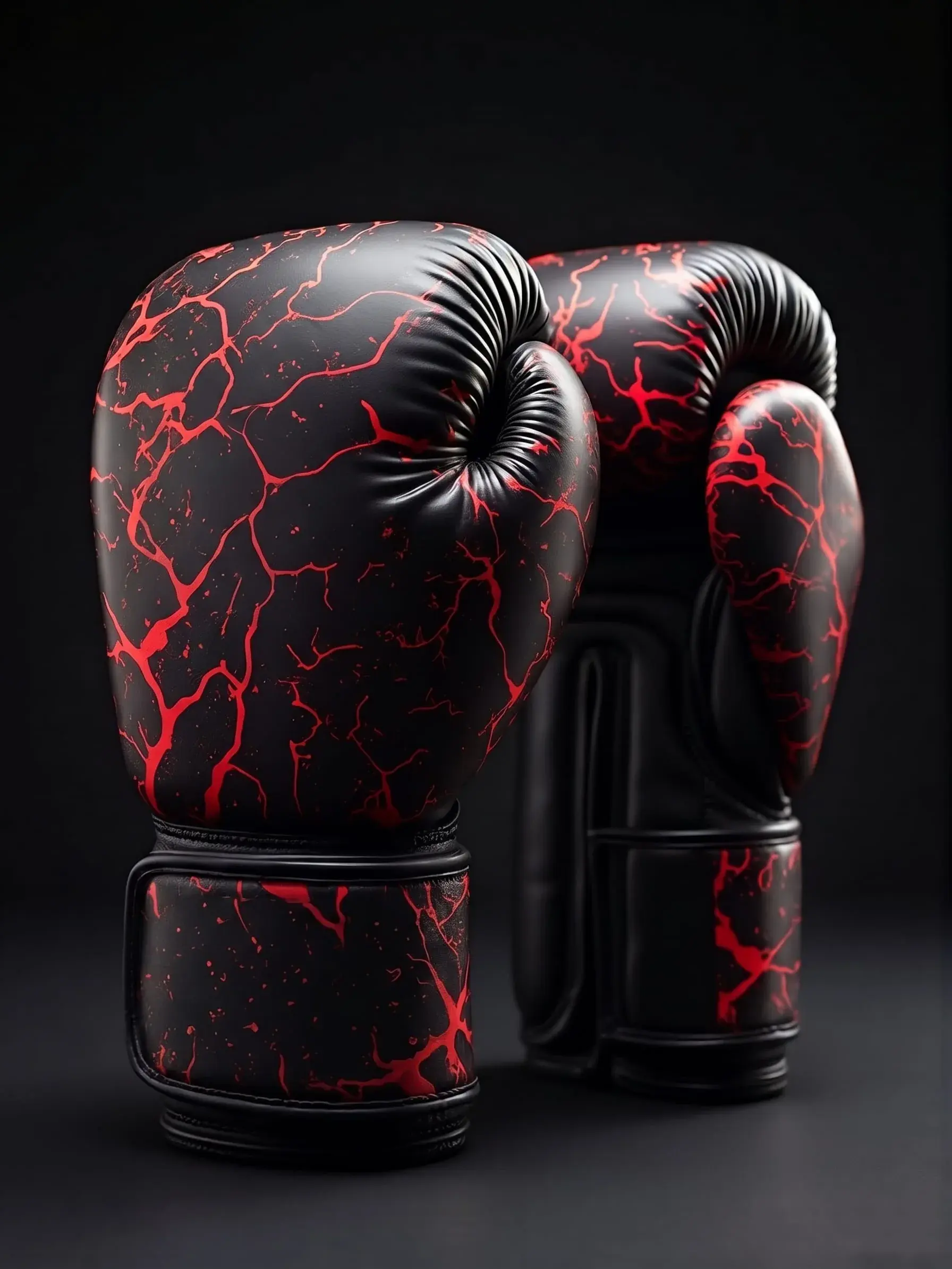 A pair of black boxing gloves with a red crackle pattern.