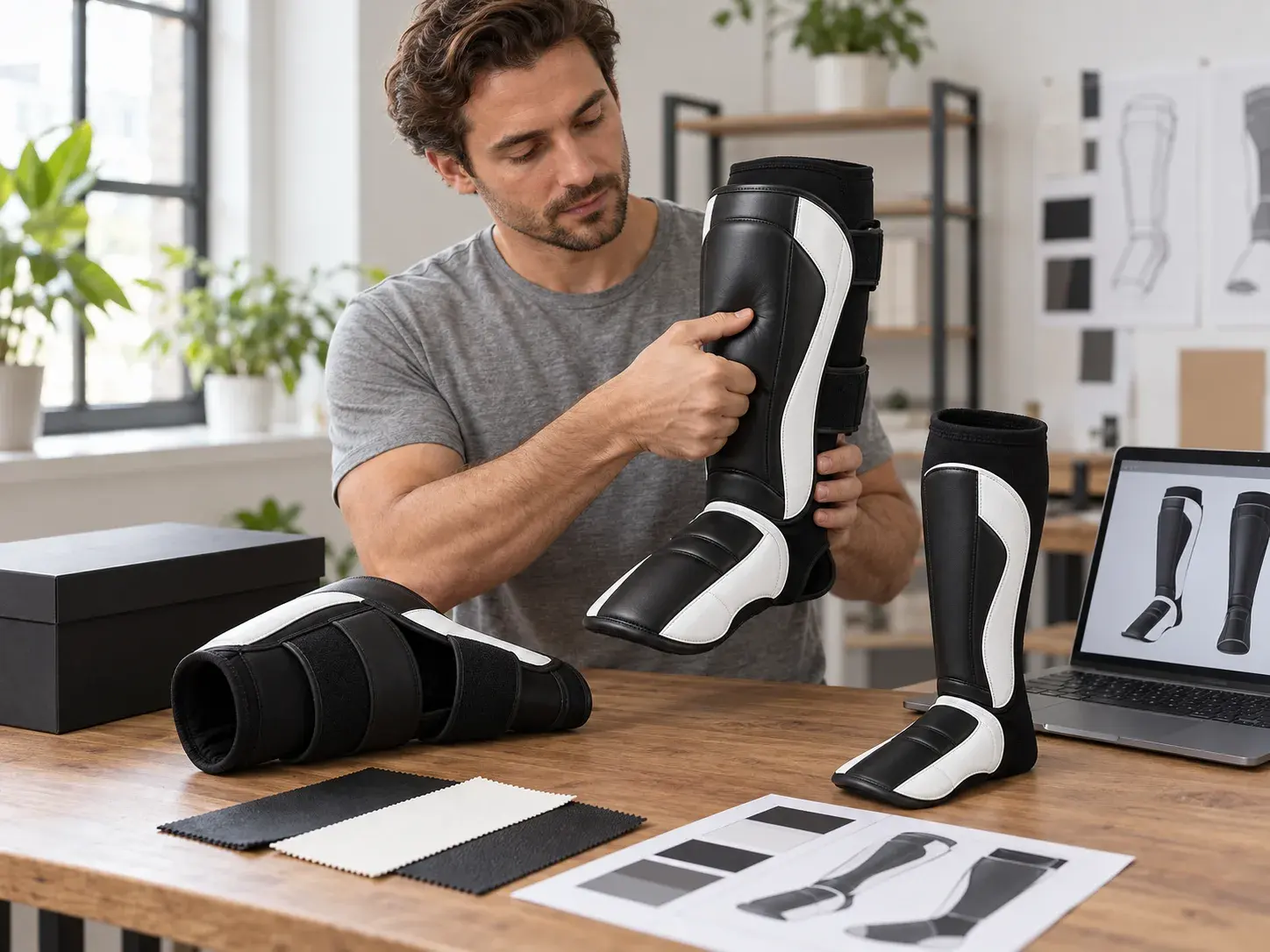A fight gear brand founder pressing the shin padding of a black and white strap-style shin guard, with a sock-style guard of the same design, swatches, sketches and a box on the desk.
