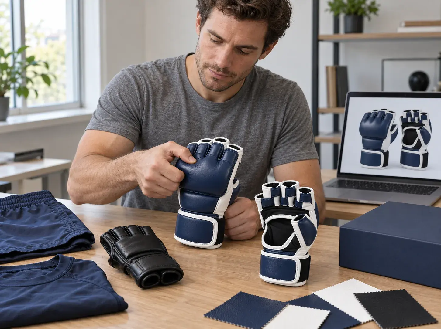 A fightwear brand founder pressing the thick knuckle padding of a navy and white MMA sparring glove, a slimmer black fight glove beside it, with navy fight shorts, a rash guard, a navy box and swatches on the desk.