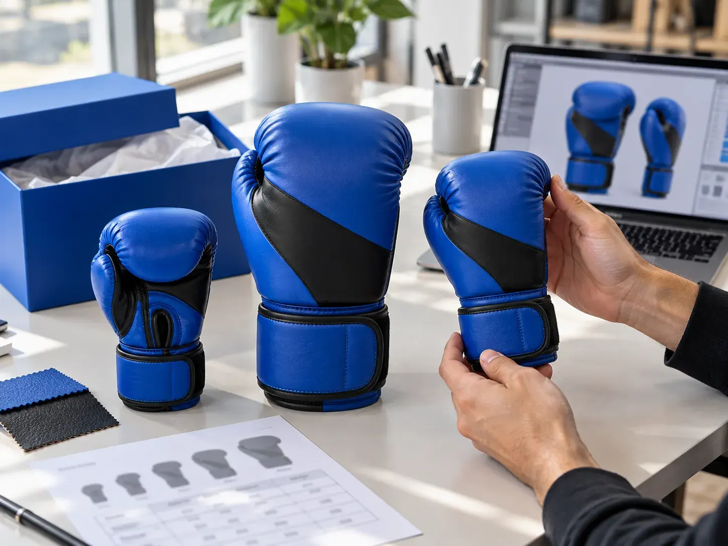 A brand founder holding a royal blue kids' boxing glove beside the adult glove of the same design, with a retail box, leather swatches and a size chart on the desk.