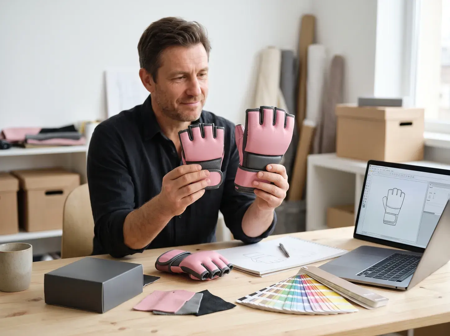 A brand founder comparing a small pink and charcoal kids' MMA glove with the adult glove of the same design at a desk, with a charcoal box, leather swatches, a colour fan and a laptop showing the glove drawing.