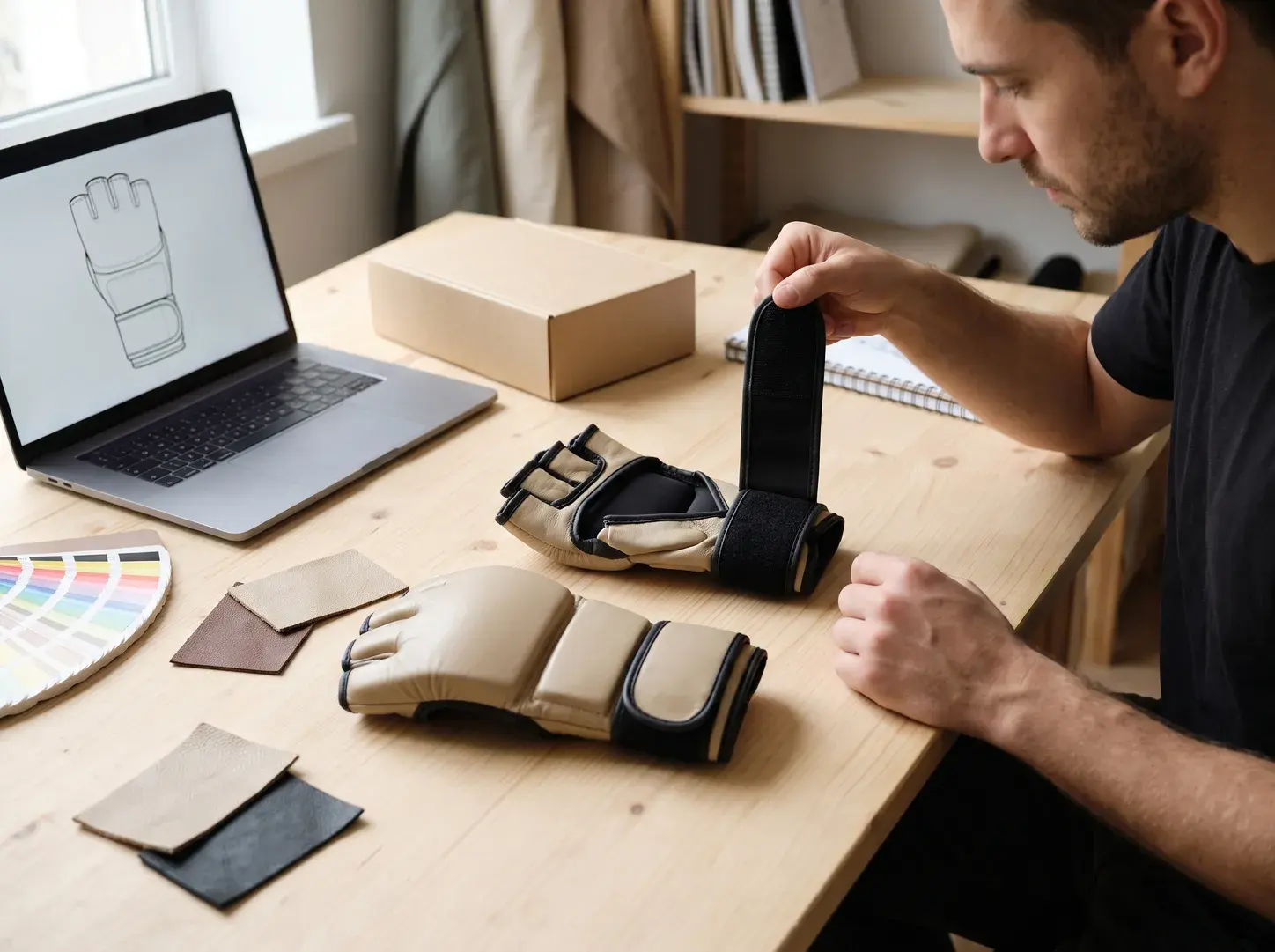 A brand founder lifting the wrist strap of a sand beige and black MMA bag glove at a design desk, the second glove palm-up showing its finger openings, with leather swatches, a colour fan, a box and a laptop showing the glove drawing.