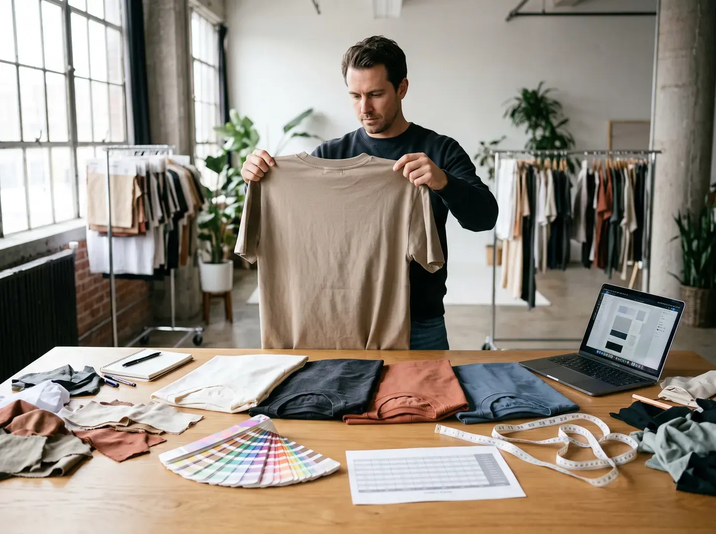 An apparel brand founder holding up a sand T-shirt at a desk, the same T-shirt folded in bone white, washed black, terracotta and slate blue, with fabric swatches, a colour fan, a size chart and a tape measure.
