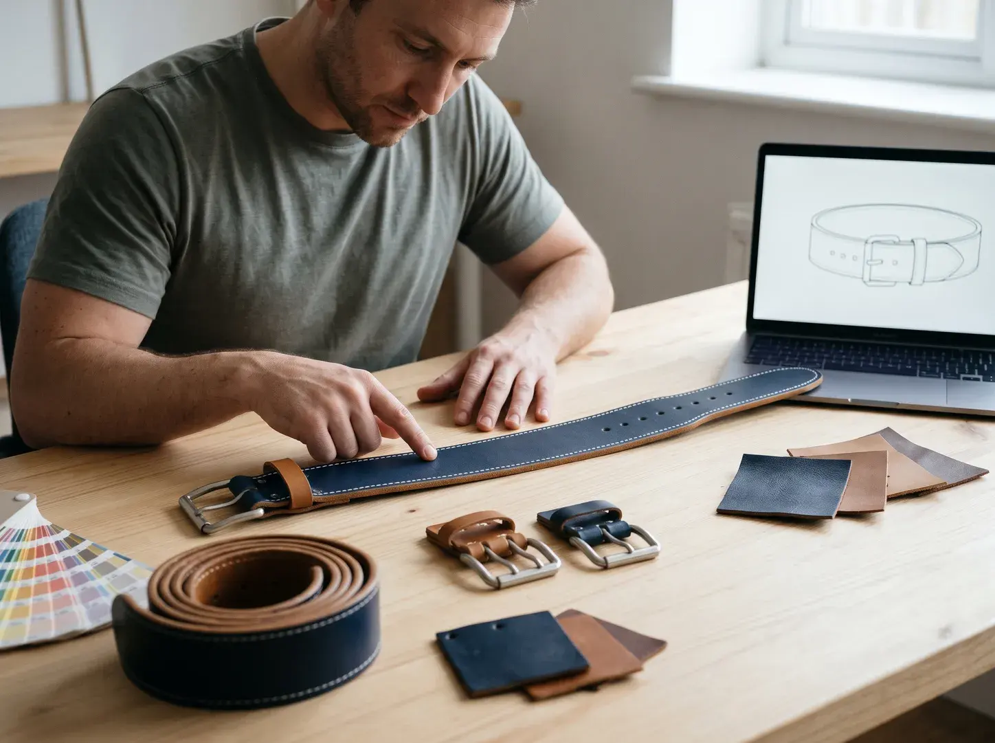 A brand founder running a finger along the stitching of a navy and tan single-prong leather lifting belt at a design desk, beside a rolled belt, a single-prong and a double-prong buckle, leather swatches, a colour fan and a laptop showing the belt drawing.