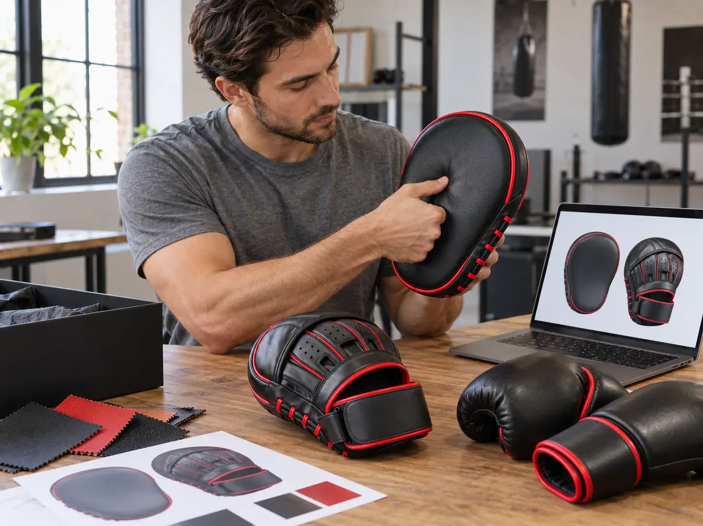 A fight gear brand founder pressing the striking face of a black and red focus mitt, matching boxing gloves, swatches, a mockup sheet and a box on the desk.