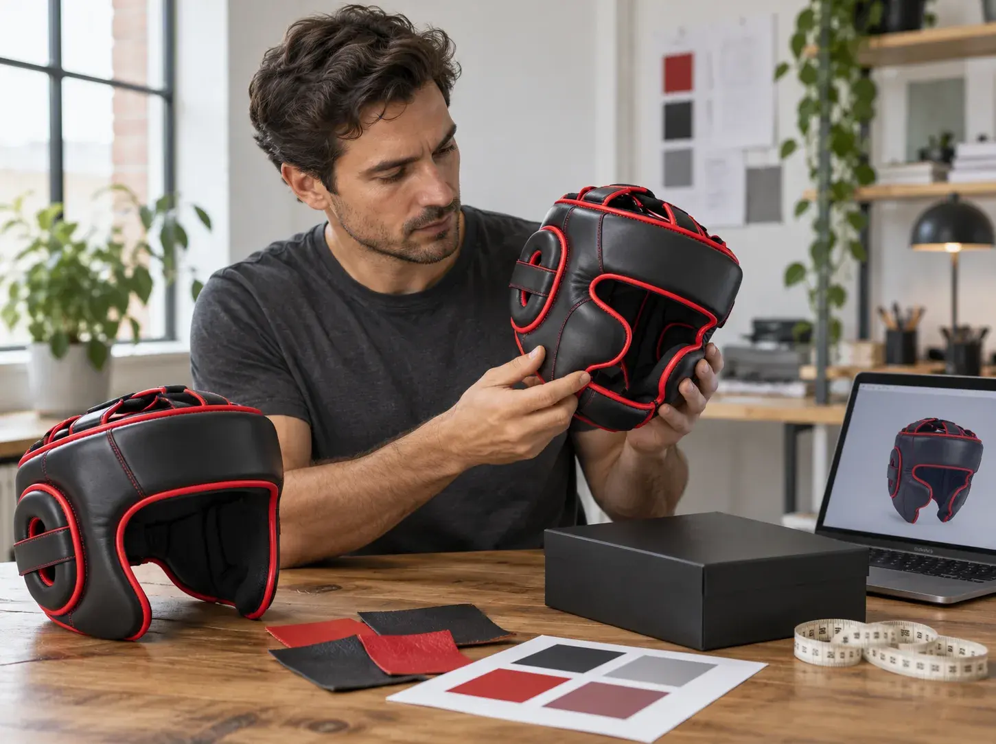 A fight gear brand founder checking the piping of a black and red cheek-protector head guard, an open-face guard of the same design beside it, with swatches, a colour sheet, a box and a tape measure.