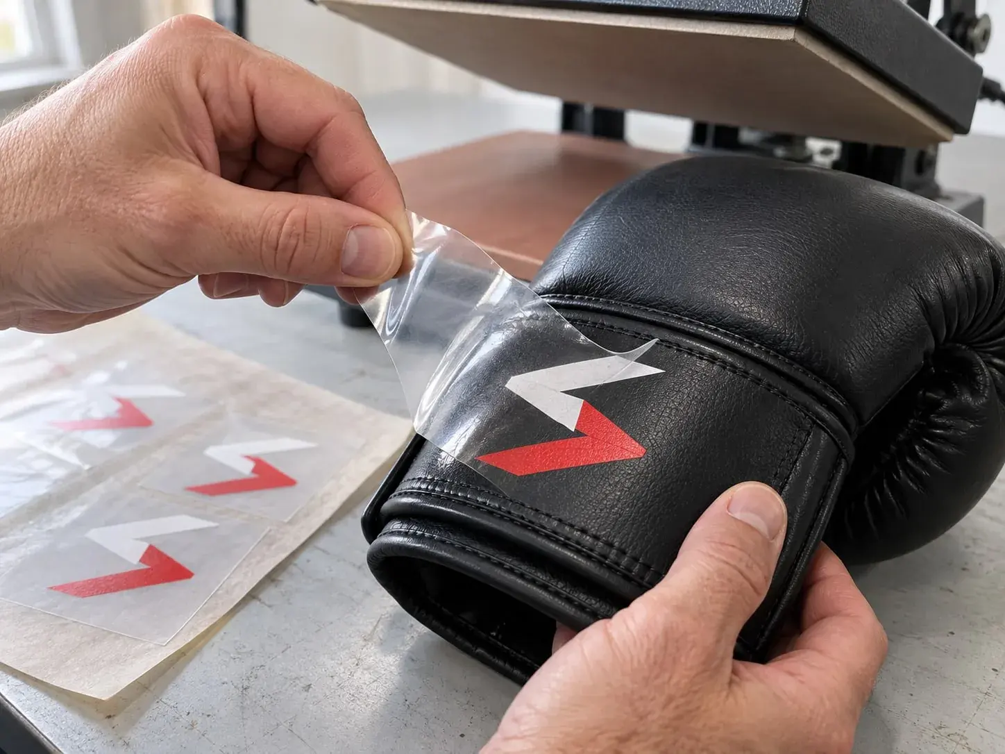 Hands peeling the clear carrier film back from the Sparwright logo heat-transferred onto the cuff of a black boxing glove, a heat press above and more cut transfers of the logo beside it.