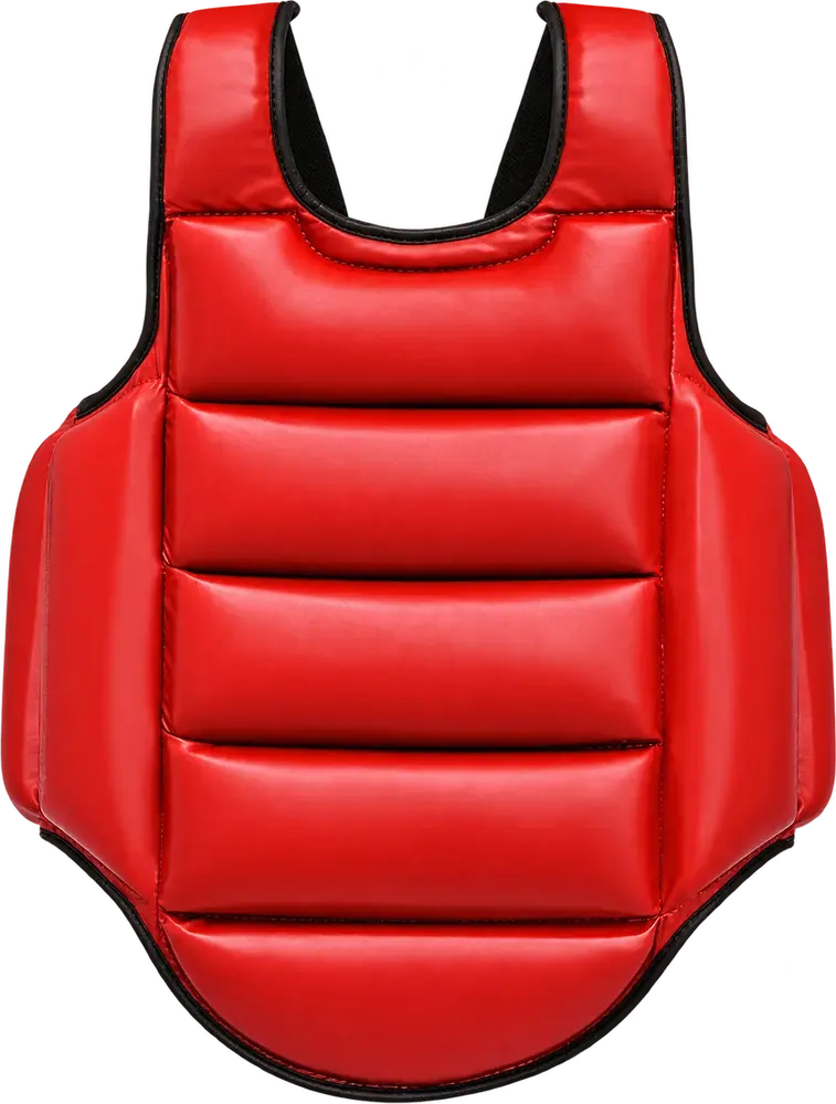 A red padded chest guard with black edge binding, four horizontal padded panels down the front, wide shoulder straps and side wings.