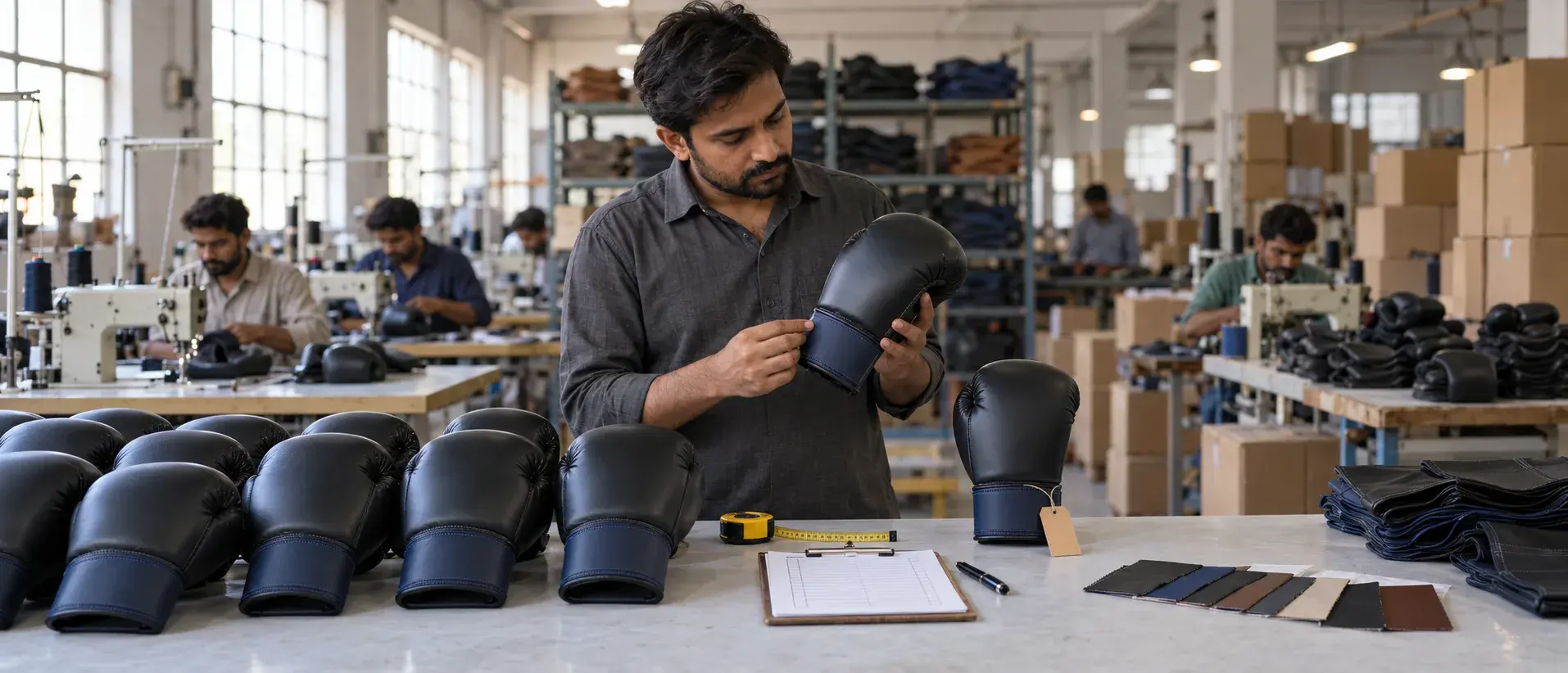 An inspector in a Sialkot workshop checking the cuff stitching of a finished black and navy boxing glove against the tagged approved sample, with a row of bulk gloves, a tape measure, a checklist and leather swatches on the table and machinists at work behind.