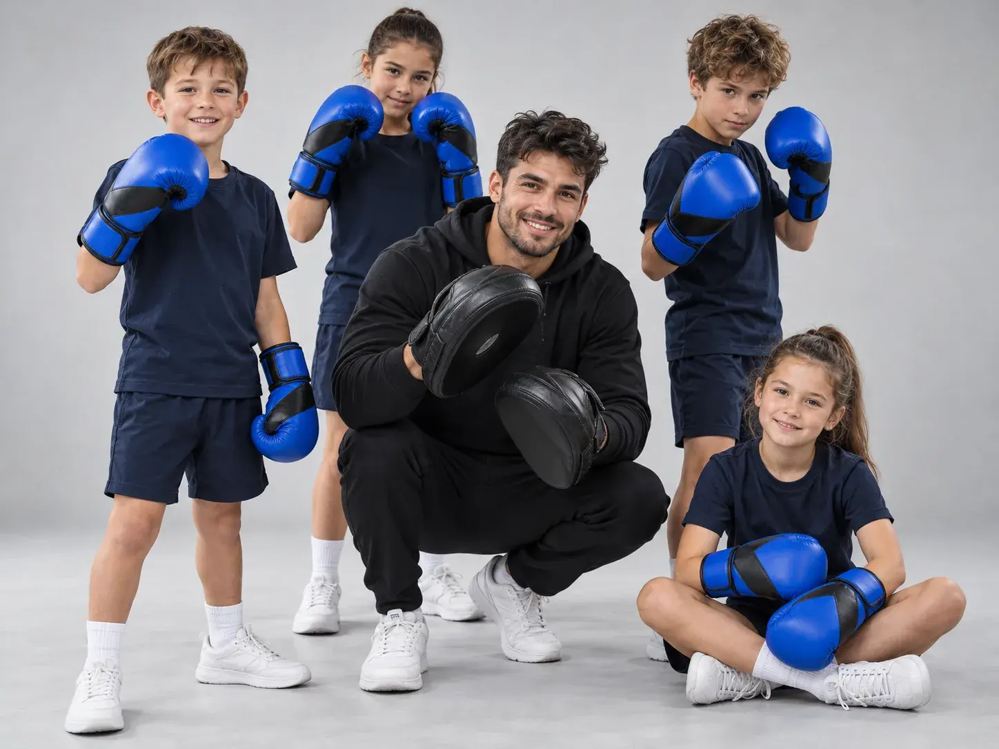 A boxing coach crouching with black focus mitts among four junior members in navy club T-shirts and royal blue and black kids' boxing gloves.