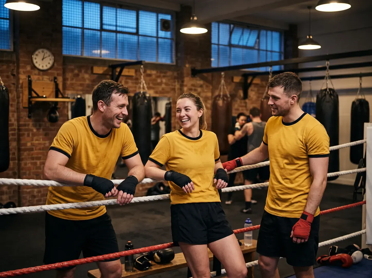 Three boxing club members leaning on the ring ropes, laughing, in matching mustard yellow T-shirts with black ringer trim, hand wraps still on, heavy bags behind.