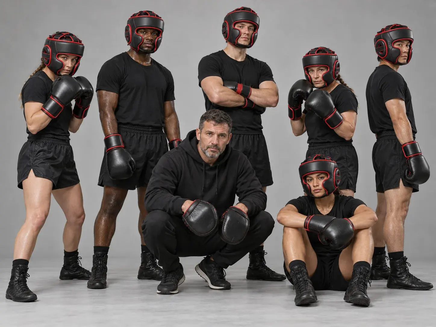 A boxing club's sparring squad on a light grey studio backdrop in matching black and red cheek-protector head guards and black gloves, a coach crouching in front with focus mitts.