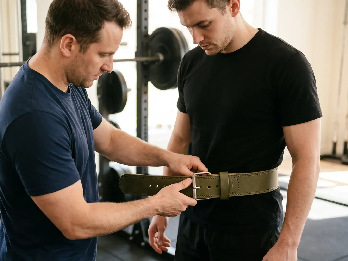 A coach threading an olive green single-prong leather lifting belt through its steel roller buckle on a lifter's waist beside a squat rack.