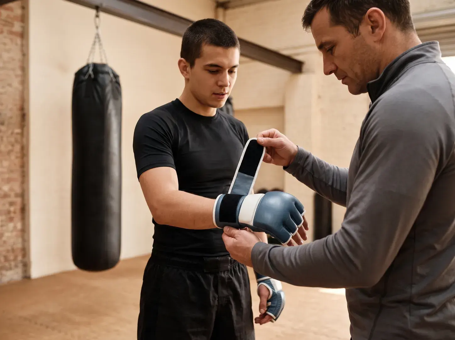 A coach fastening the long hook-and-loop wrist strap of a steel blue and white MMA bag glove on a member beside a heavy bag, the member's fingers free through the glove.
