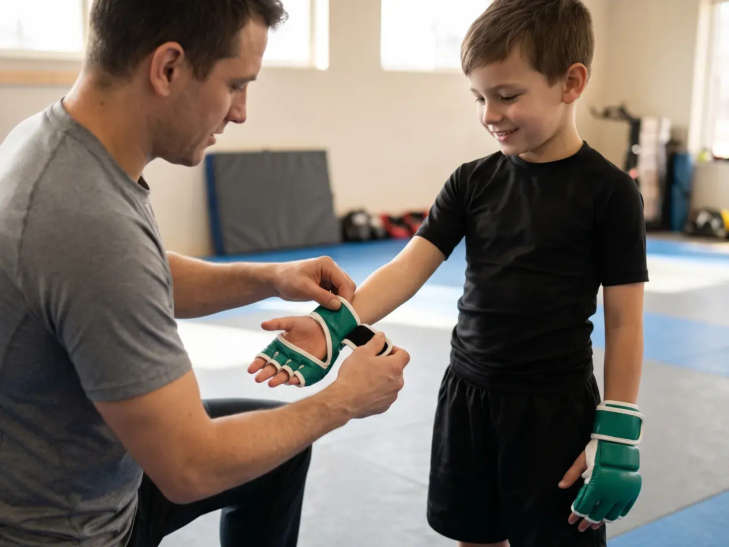 A coach kneeling to fasten the wrist strap of a small emerald green and white kids' MMA glove on a smiling boy, whose fingers stay free through the open palm, in a bright gym.