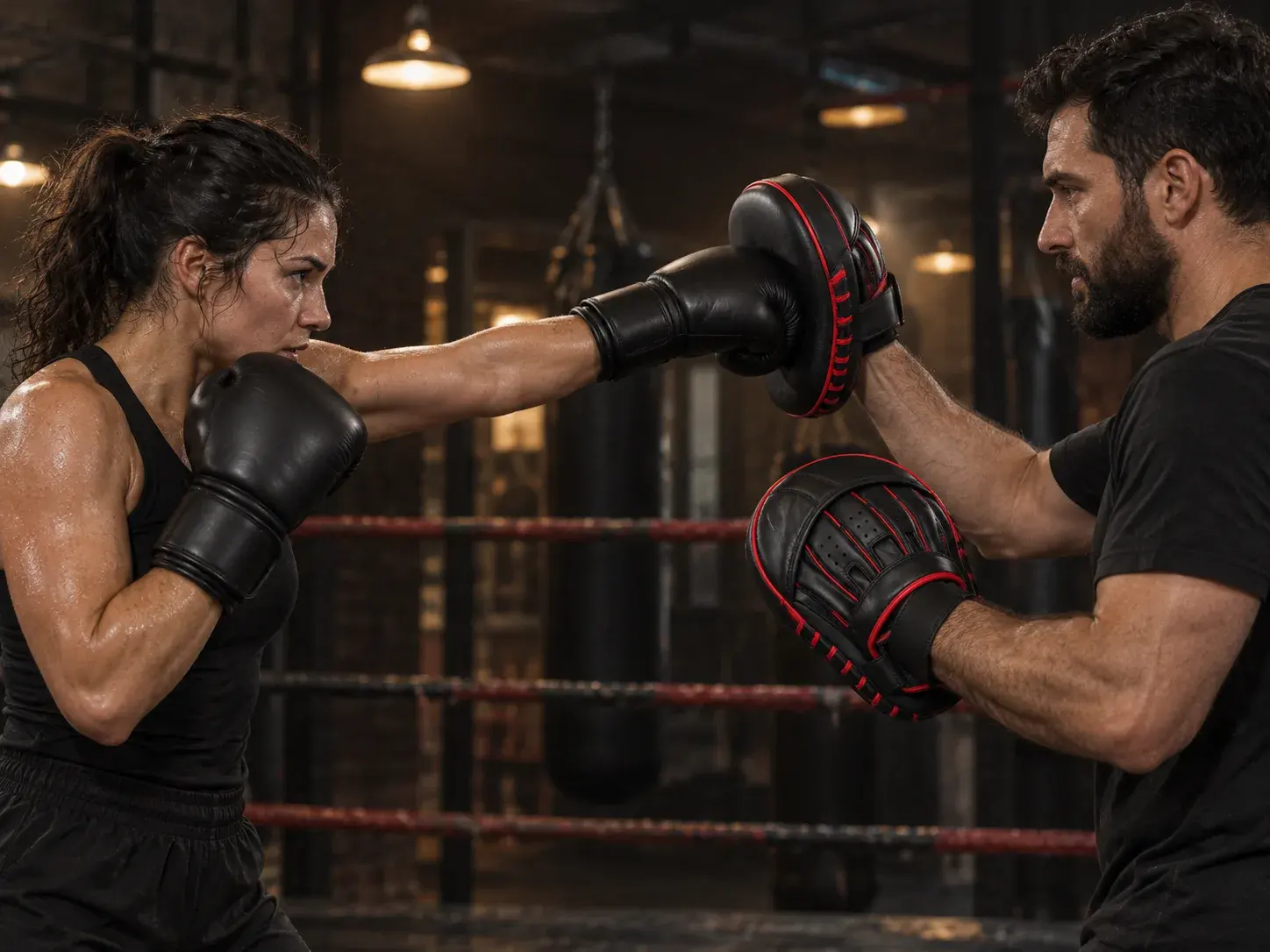 A coach in a dim boxing gym catching a straight punch on a black and red curved focus mitt, the second mitt held low.