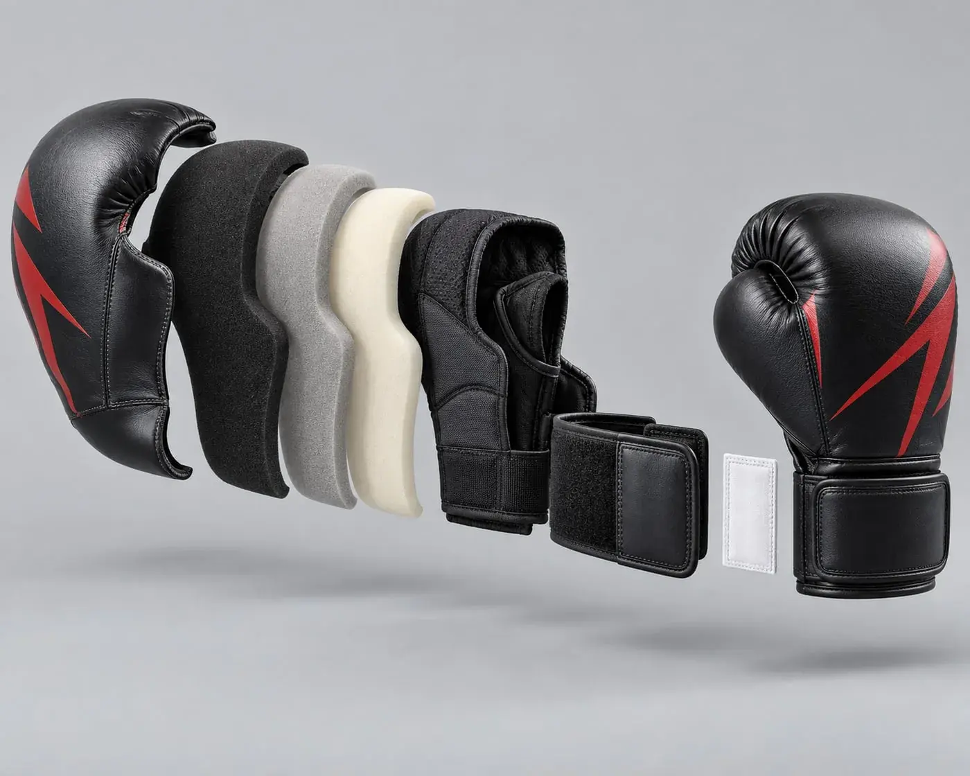 A black and red boxing glove beside its layers laid out in a line: the leather shell, three grades of foam padding, the lining, the wrist strap and a blank label.