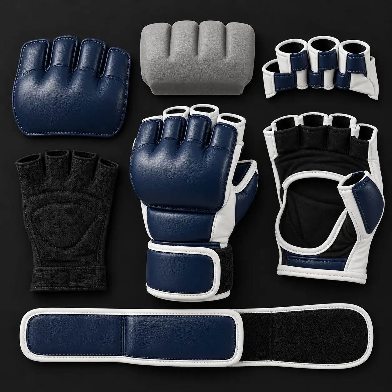 A navy and white MMA sparring glove shown in its parts: the knuckle shell, a thick moulded knuckle foam block, the finger loops, the lining, the open palm and the wrist strap.