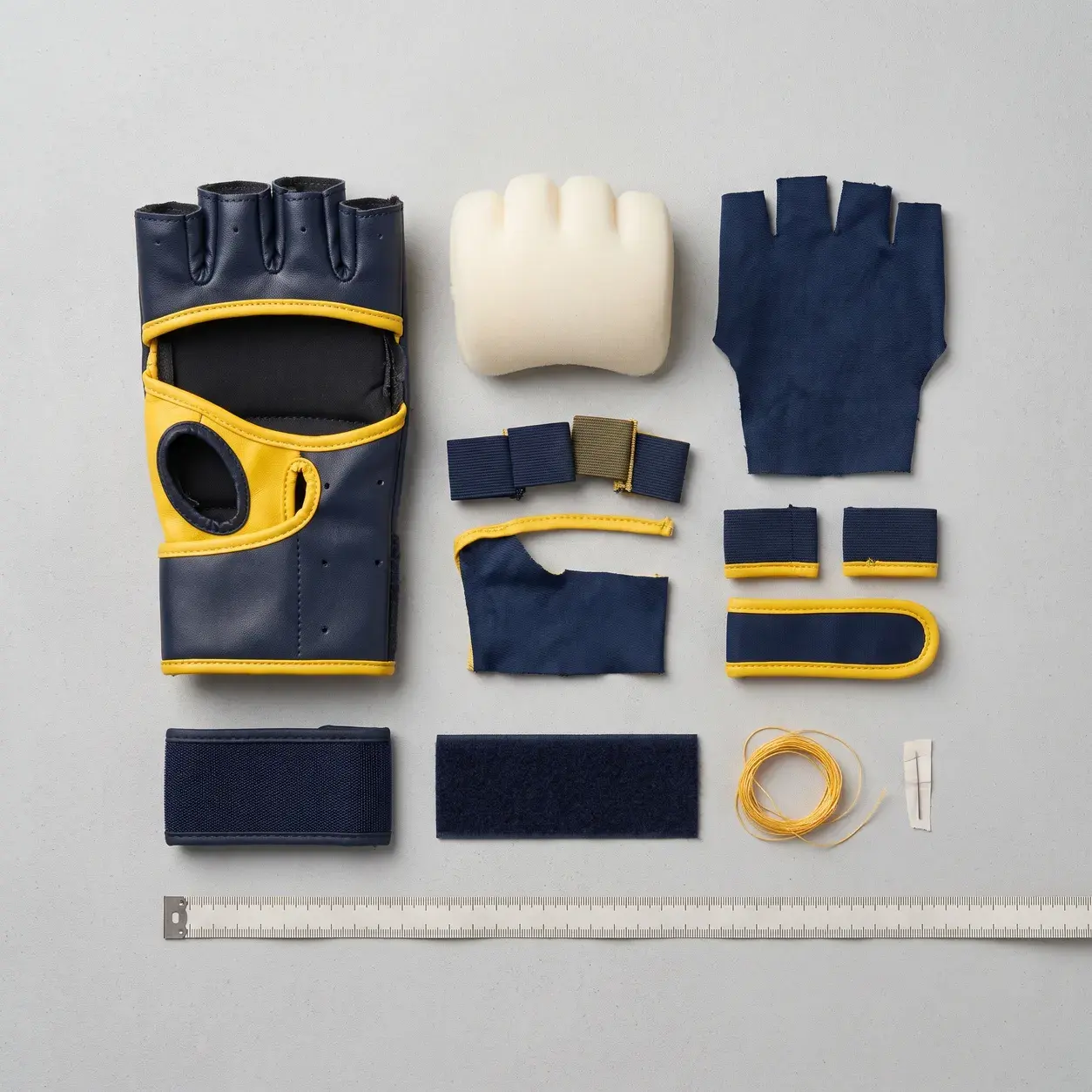 A small navy and yellow kids' MMA glove laid out in its parts: the open-palm shell, a soft knuckle padding insert, the inner lining, the finger loops and the wrist strap, with yellow thread and a tape measure.