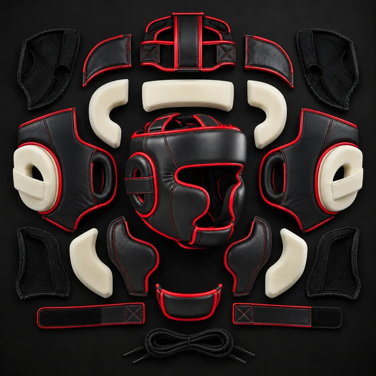 A black and red head guard shown in its parts: the leather shell panels, the foam padding for the brow and cheeks, the lining, the straps and the lace.