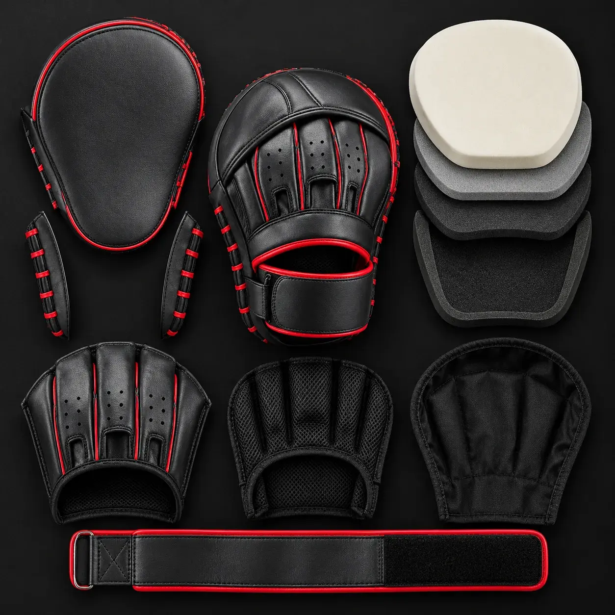 A black and red curved focus mitt shown in its parts: the striking-face shell, the side panels, the layered foam blocks, the hand compartment, the lining and the strap.