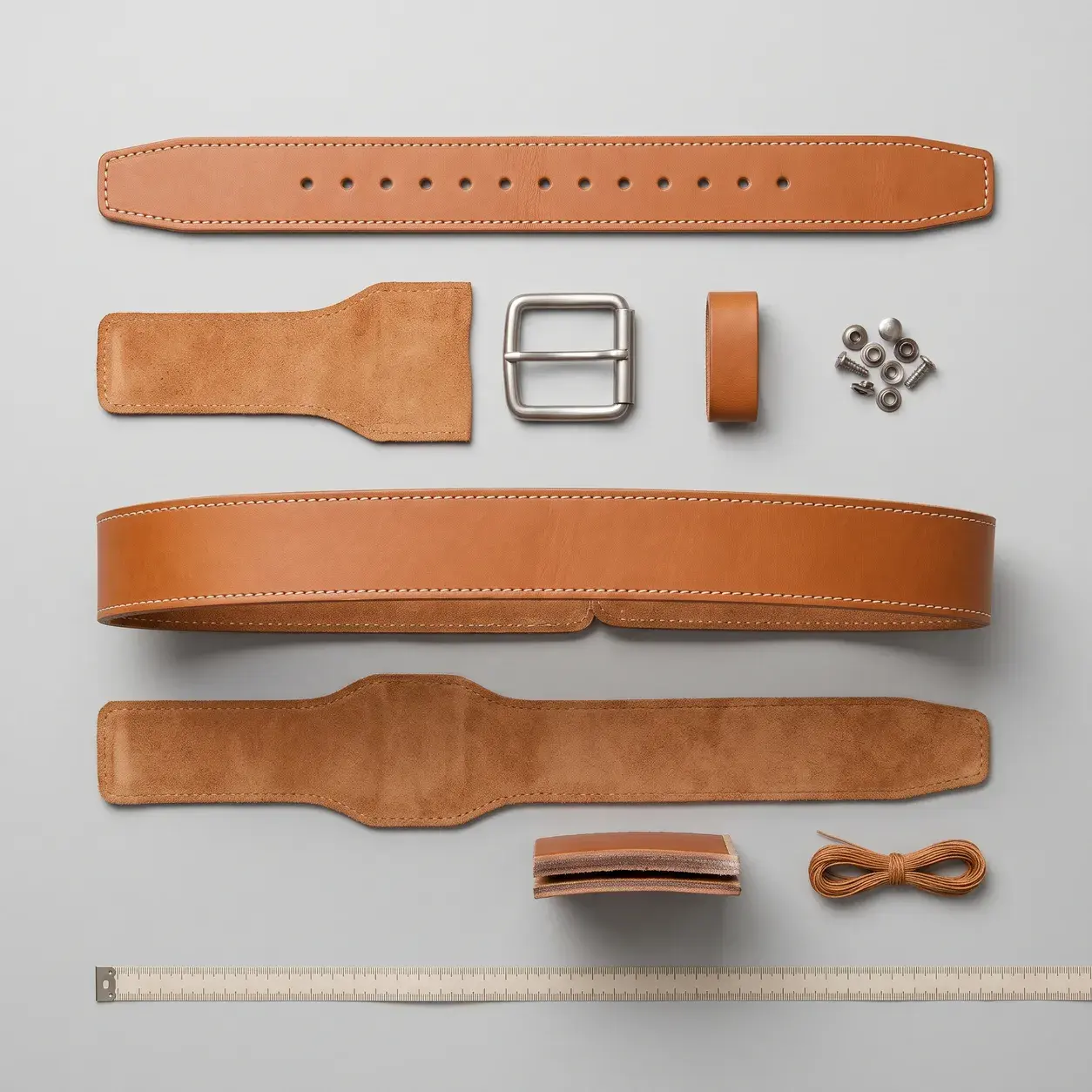 A tan leather prong lifting belt laid out in its parts: the outer belt with its row of holes, the suede linings, the steel roller buckle, the keeper loop, rivets and screws, a thickness sample and thread, with a tape measure.