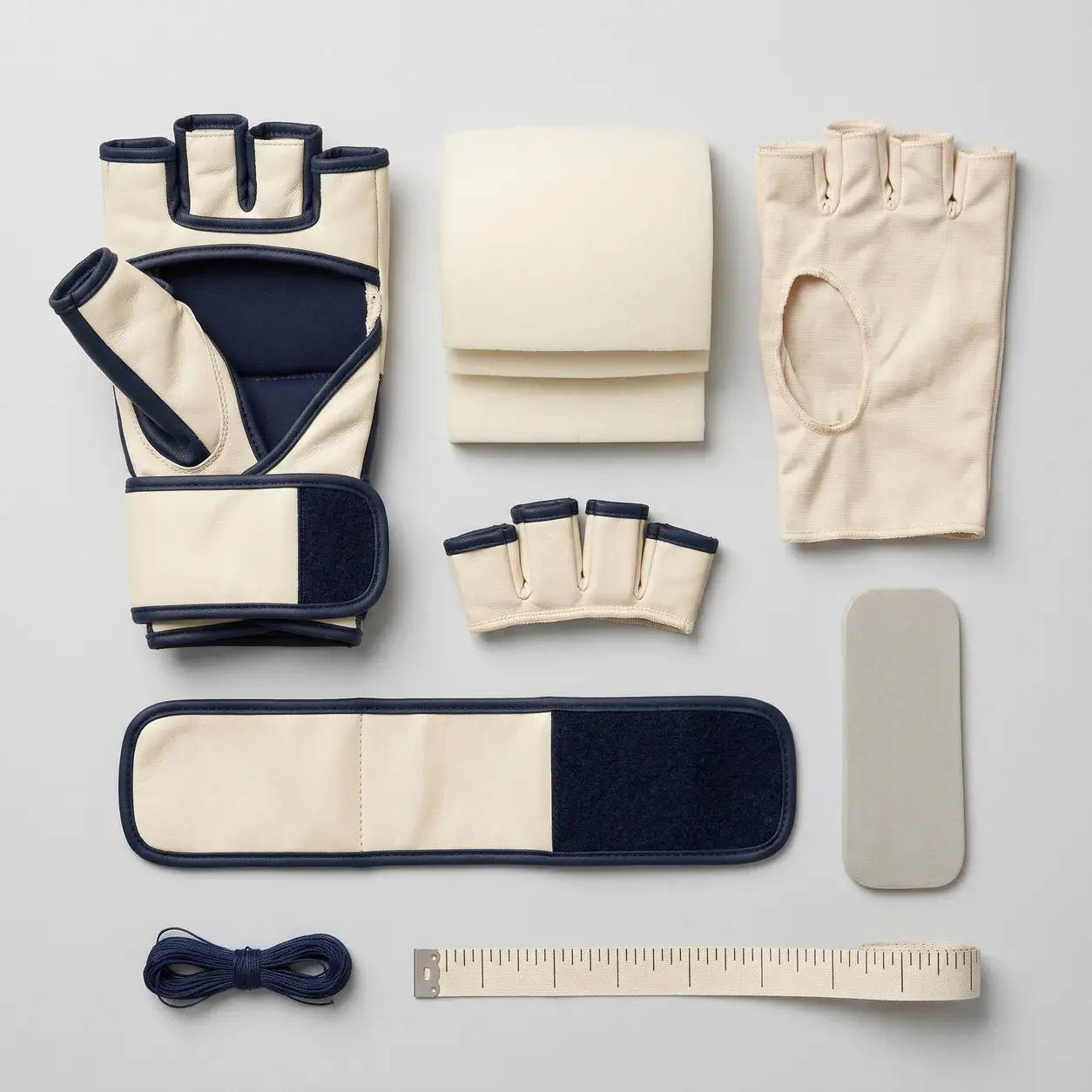 A cream and navy MMA bag glove laid out in its parts: the open-palm shell, layered knuckle padding foam, the finger section, the inner lining, the long wrist strap and its support insert, with navy thread and a tape measure.