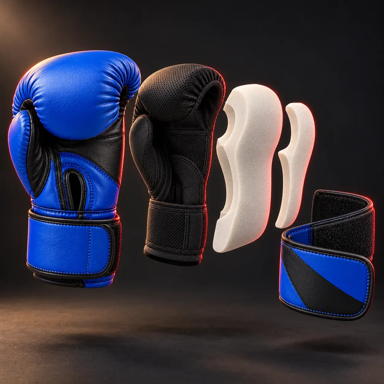A royal blue and black kids' boxing glove shown in its parts: the outer shell, the inner lining, two light layers of padding foam and the hook-and-loop wrist strap.