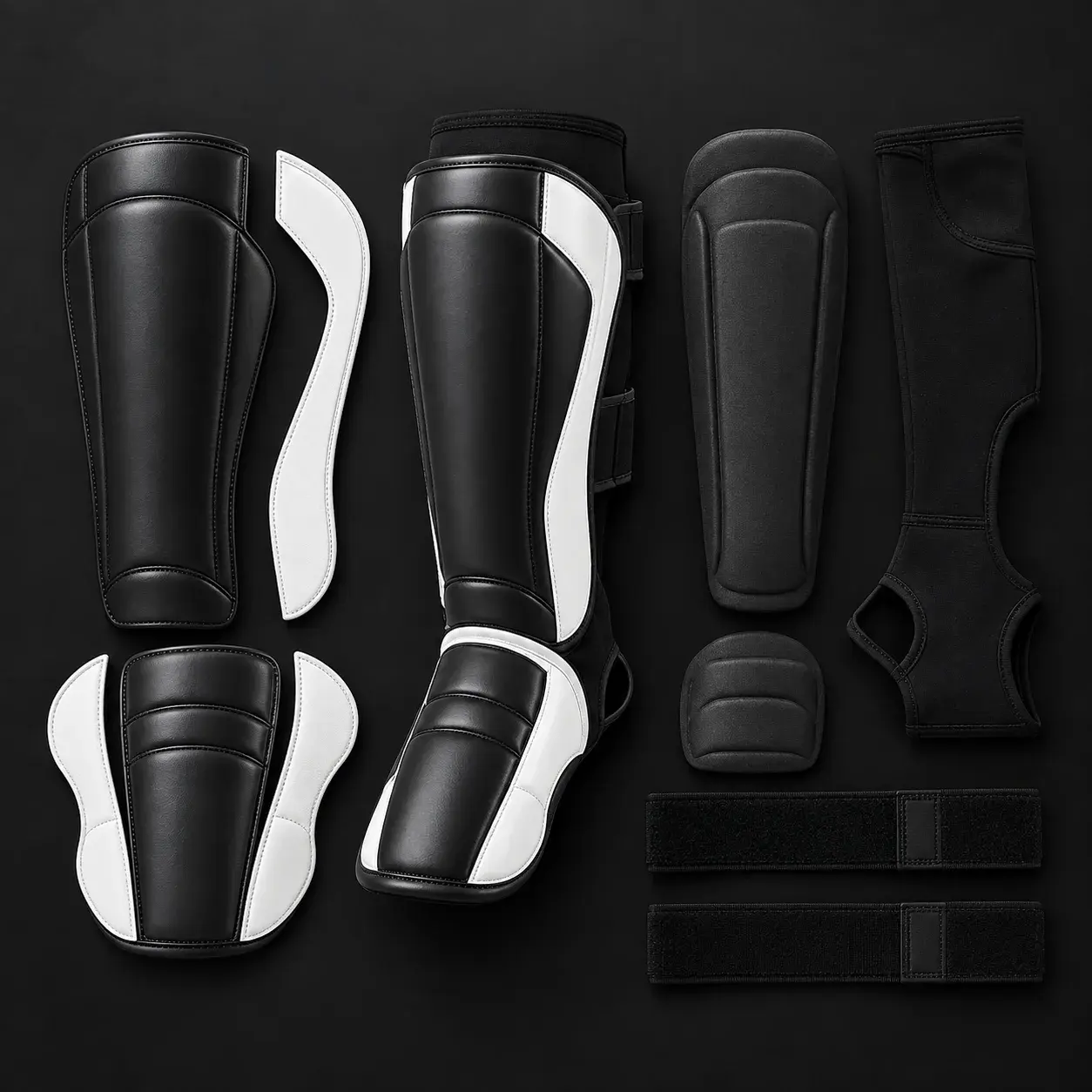 A black and white shin-and-instep guard shown in its parts: the shin shell, the white side panel, the instep cover, the shin and instep foam pads, the stretch backing and two hook-and-loop straps.