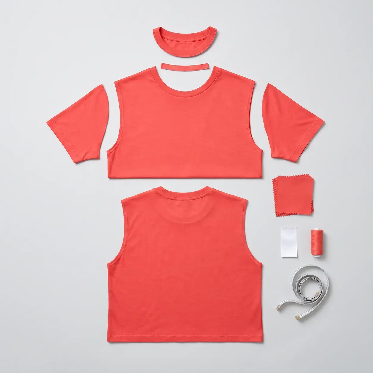 A coral red crew-neck T-shirt shown in its parts: front and back body panels, both sleeves, the ribbed neckband and the neck tape, with fabric swatches, thread, a care label and a tape measure.