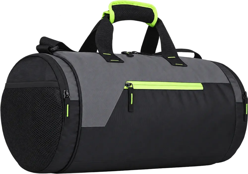 A black and grey barrel gym bag with a neon yellow zipped front pocket and handle trim, a mesh end pocket and black carry straps.