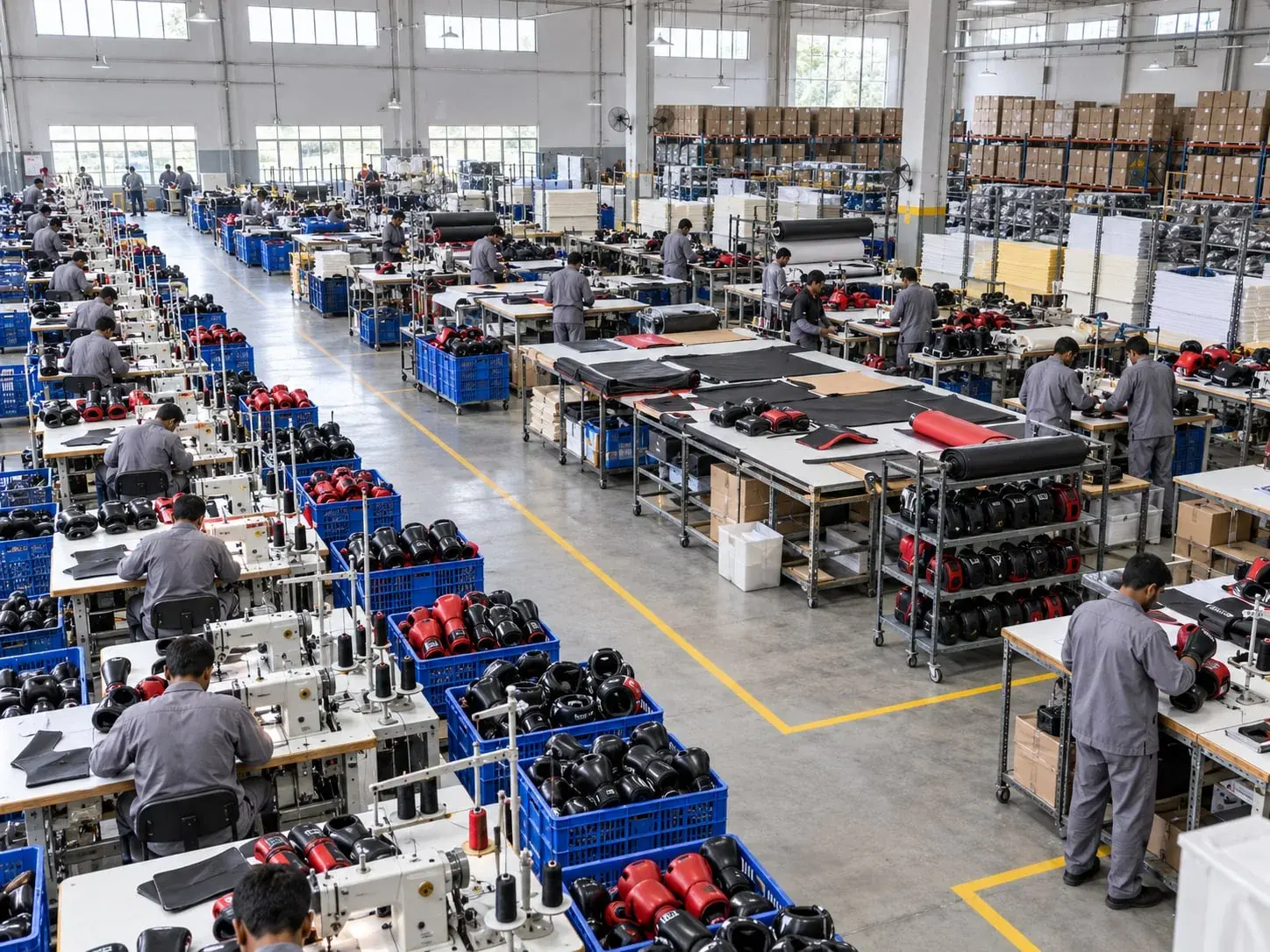 The Sparwright workshop floor in Sialkot, with rows of stitching stations.