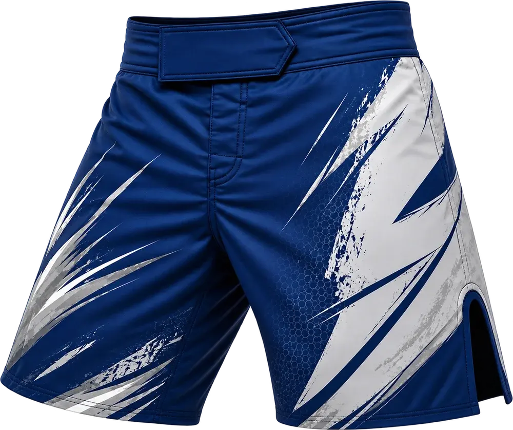 Royal blue MMA fight shorts with a white and grey slash graphic across both legs, a hook-and-loop waistband and a split at the side of the leg.