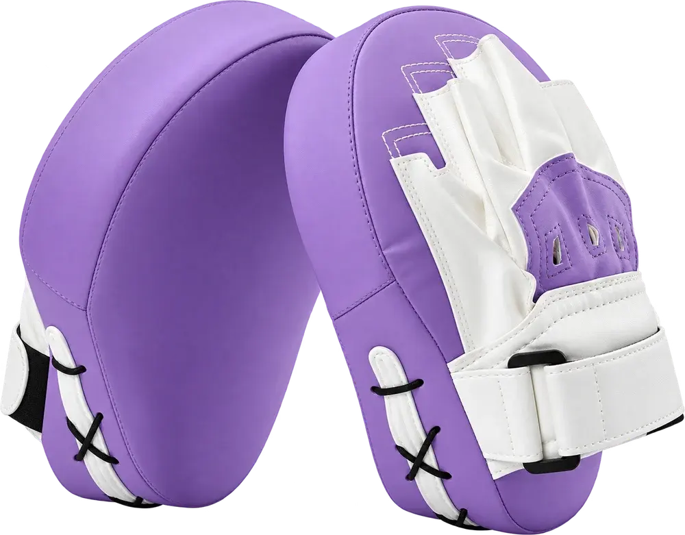 A pair of lilac and white curved focus mitts, one showing the padded striking face, the other the white glove-style hand compartment with a wrist strap.
