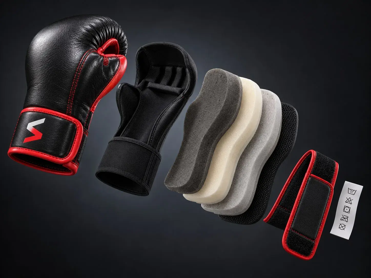 A black and red leather boxing glove shown exploded into its outer shell with the Sparwright logo on the cuff, the inner lining, four layers of padding foam, the hook-and-loop wrist strap and a printed care label.