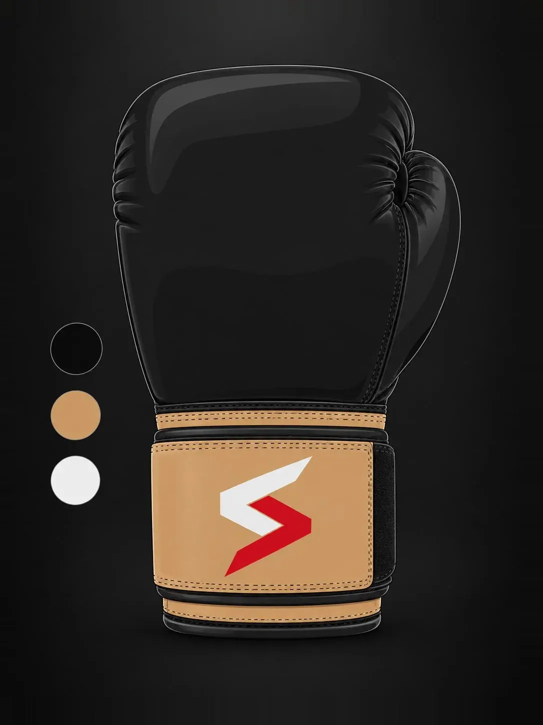 A flat design mockup of a black boxing glove with a tan cuff carrying the Sparwright logo, beside its three colour swatches.
