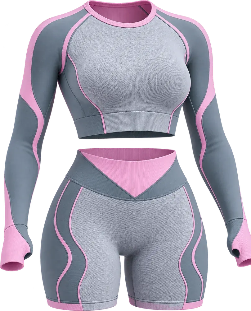 A grey long-sleeve crop top and high-waisted shorts with pink contour panels running down the sleeves and sides, a pink V waistband and thumbholes at the cuffs.