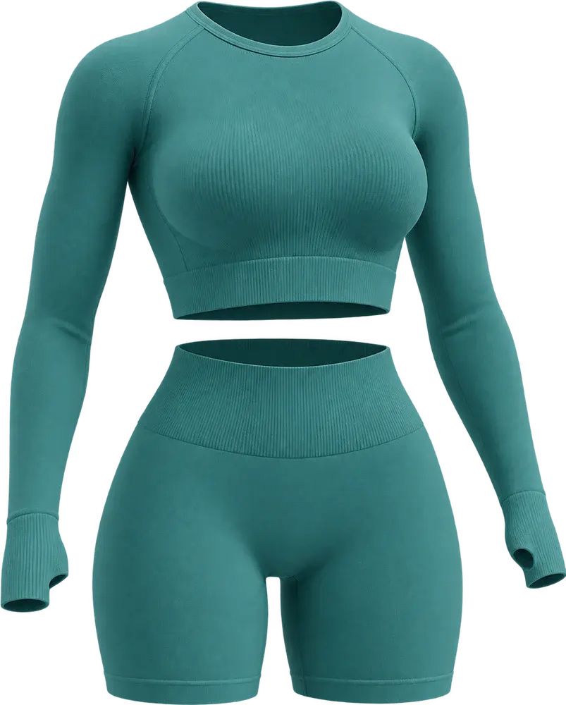 A teal ribbed long-sleeve crop top with thumbholes and matching high-waisted shorts, shown on an invisible form.