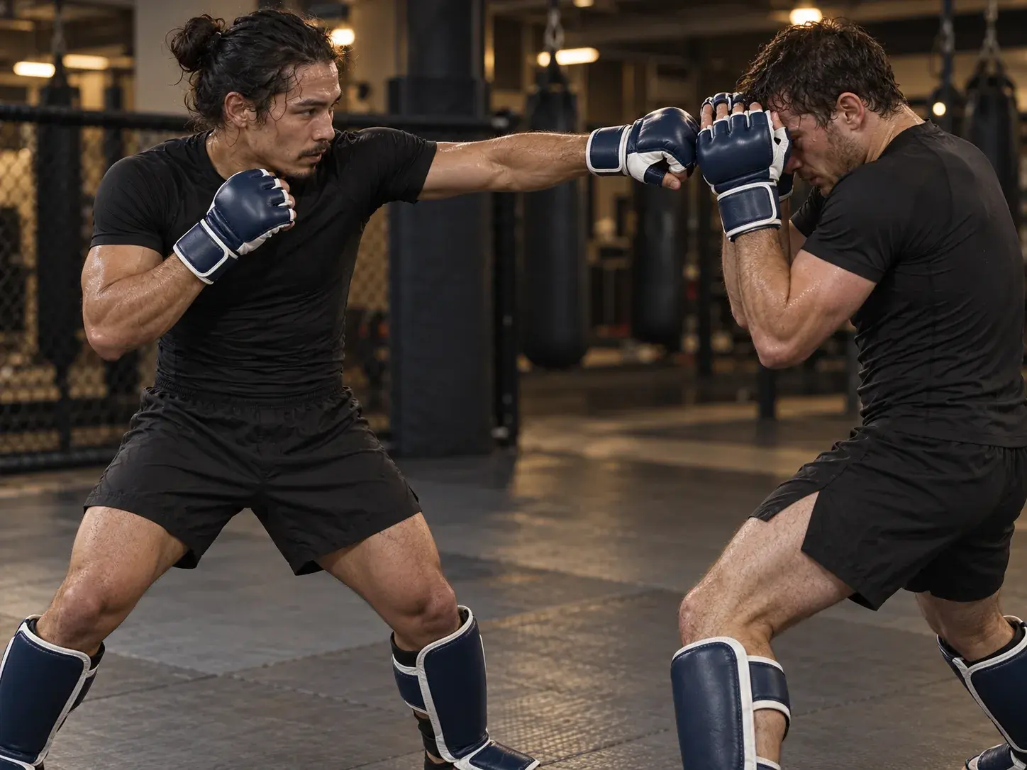 Two MMA gym members sparring in navy and white open-palm sparring gloves and navy shin guards, one throwing a straight punch into the other's guard, a cage and heavy bags behind.