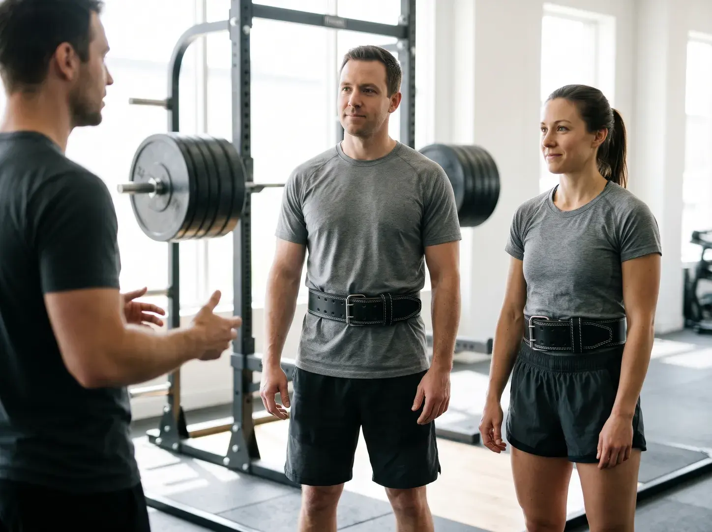 Two members of a strength gym standing beside a loaded rack in matching black double-prong leather lifting belts with white stitching, listening to their coach.