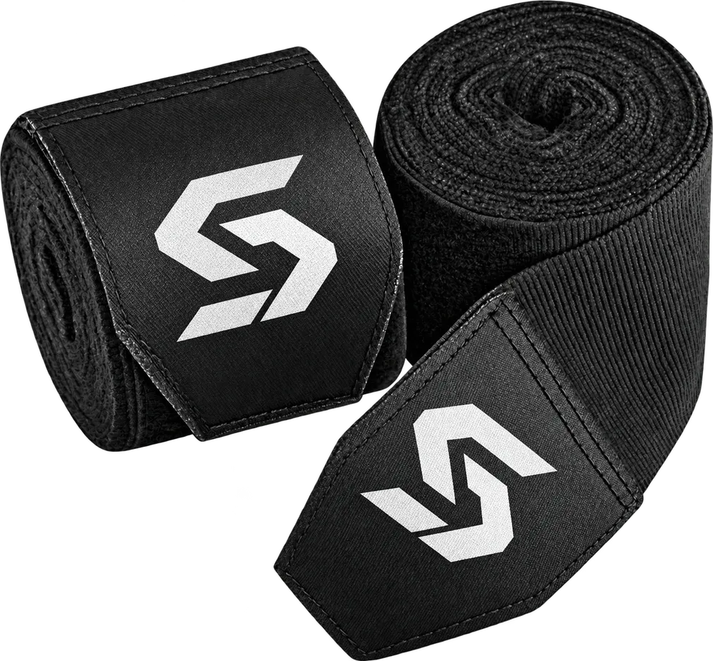 A pair of rolled black hand wraps, each hook-and-loop closure tab printed with a white angular S mark.