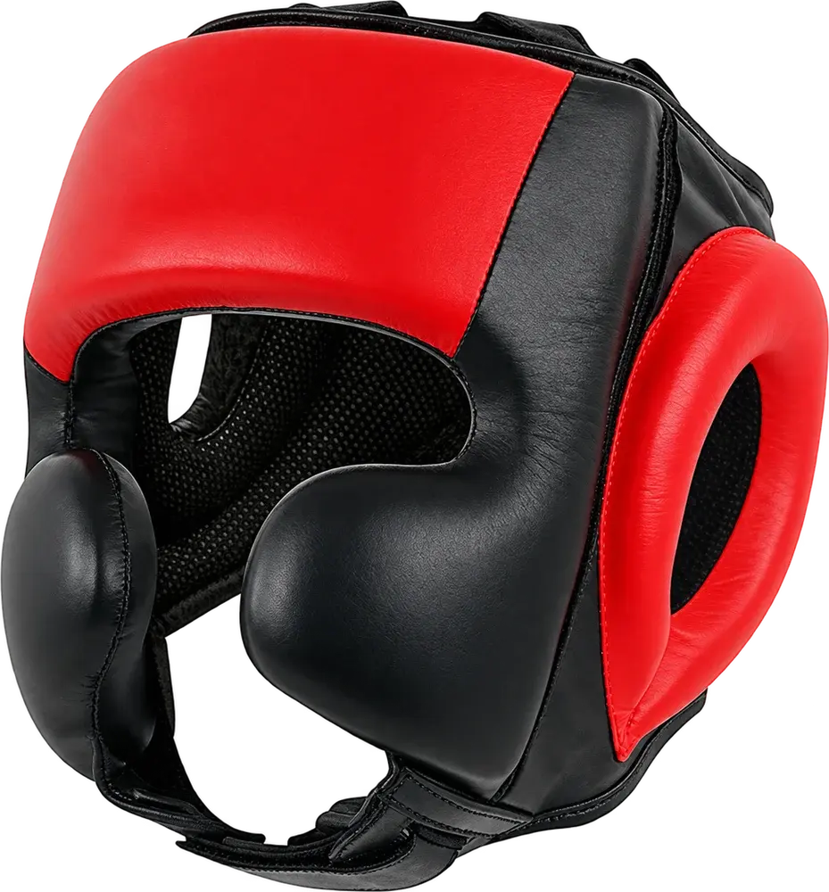 A black head guard with a red padded brow and red ear panels, rounded cheek protectors and a black mesh lining, in three-quarter view.