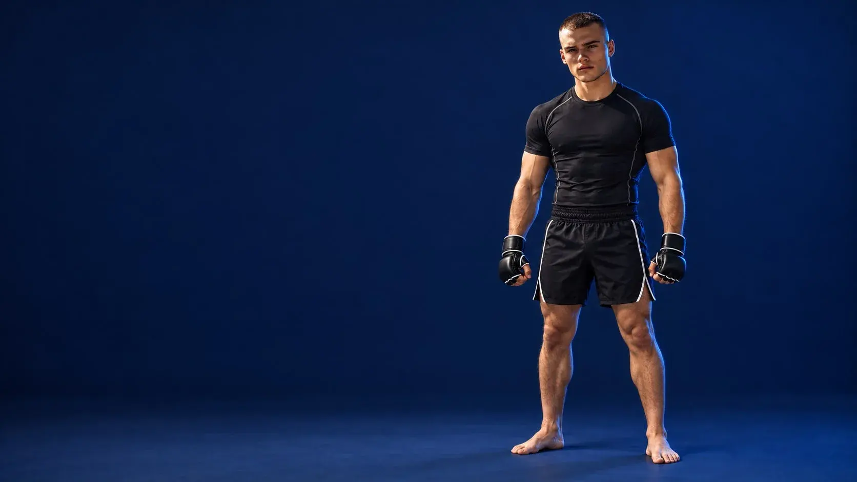 An MMA fighter standing square on a midnight navy backdrop, fists clenched at the sides in black 4 oz competition gloves with white piping, a black rash guard and black fight shorts.