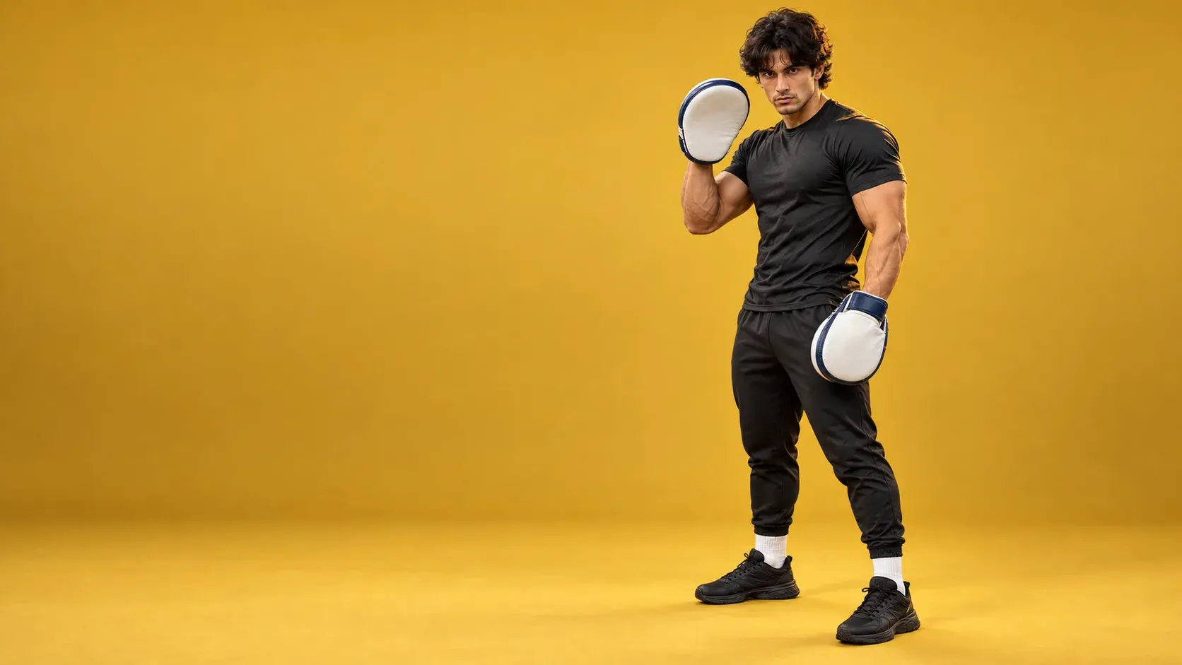 A coach on a mustard yellow backdrop holding up a white curved focus mitt with navy piping as a target, the second mitt at the hip.